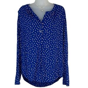 Juicy Couture Womens Heart Print Blouse Top Size L Long Sleeve V Neck Blue